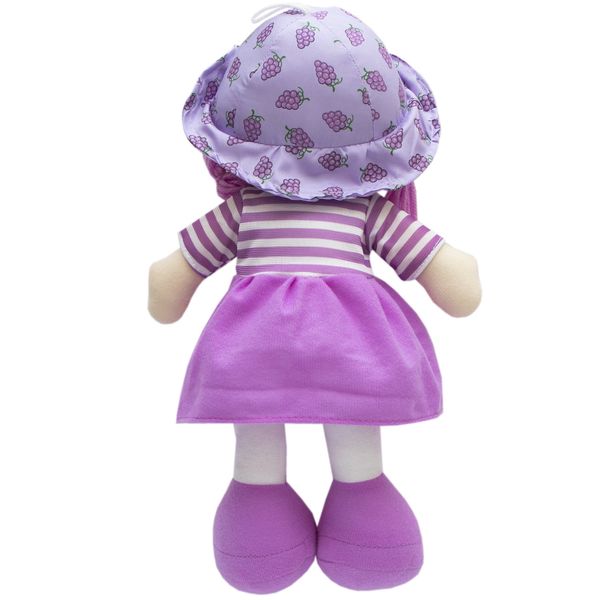 М'яка іграшка лялька з вишитим обличчям, 36 см, фіолетова сукня (860876) 860876 фото